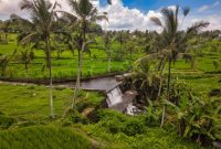 Pemandangan indah hamparan sawah bertingkat dengan sistem irigasi Subak di Bali, menunjukkan kompleksitas tata kelola air yang telah diwariskan secara turun-temurun. Saluran air yang tertata rapi mengalirkan air dari pura Subak ke setiap petak sawah, menjaga kesuburan tanah dan mendukung kehidupan masyarakat petani.